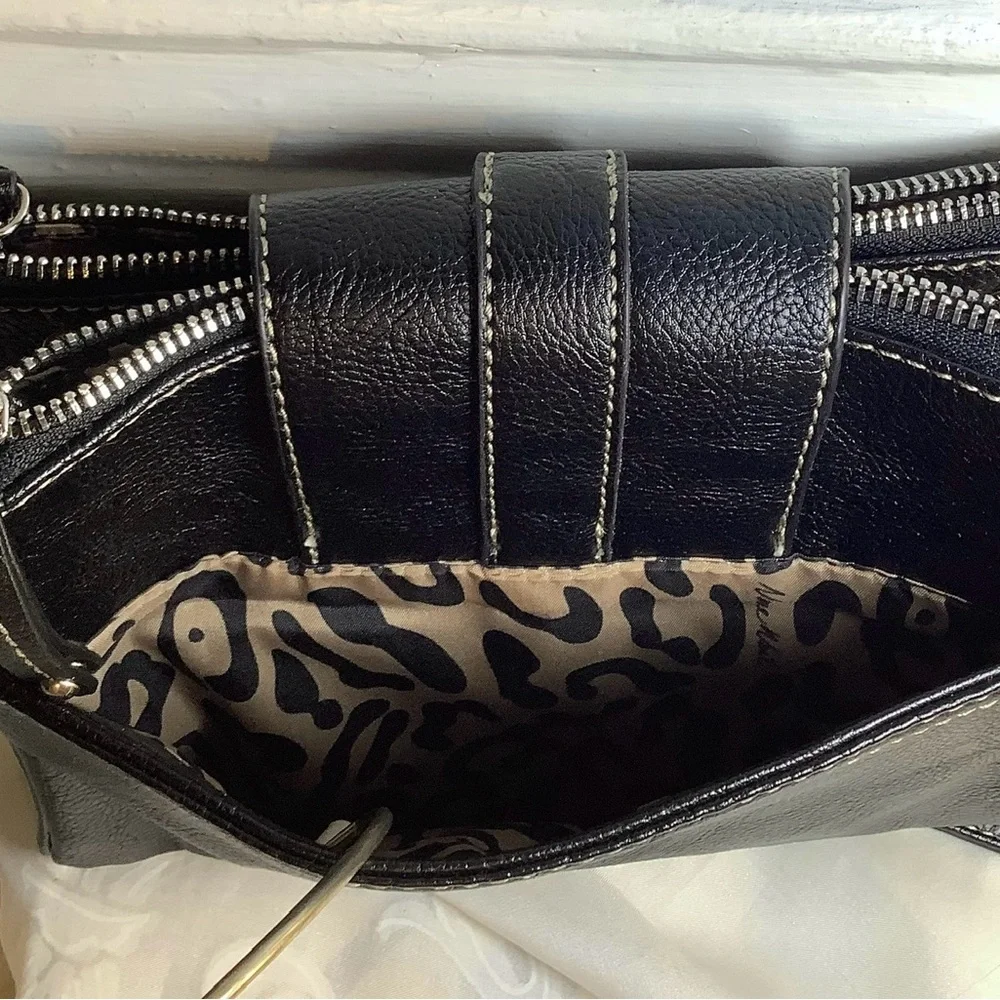Nine West 3 Compartment Shoulder Bag Black Leopard print lined